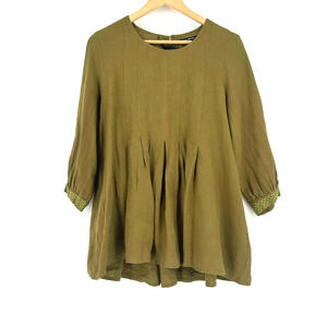 Gudrun Sjoden 100% Linen Tunic Top Small Green Embroidered Lagenlook Minimalist